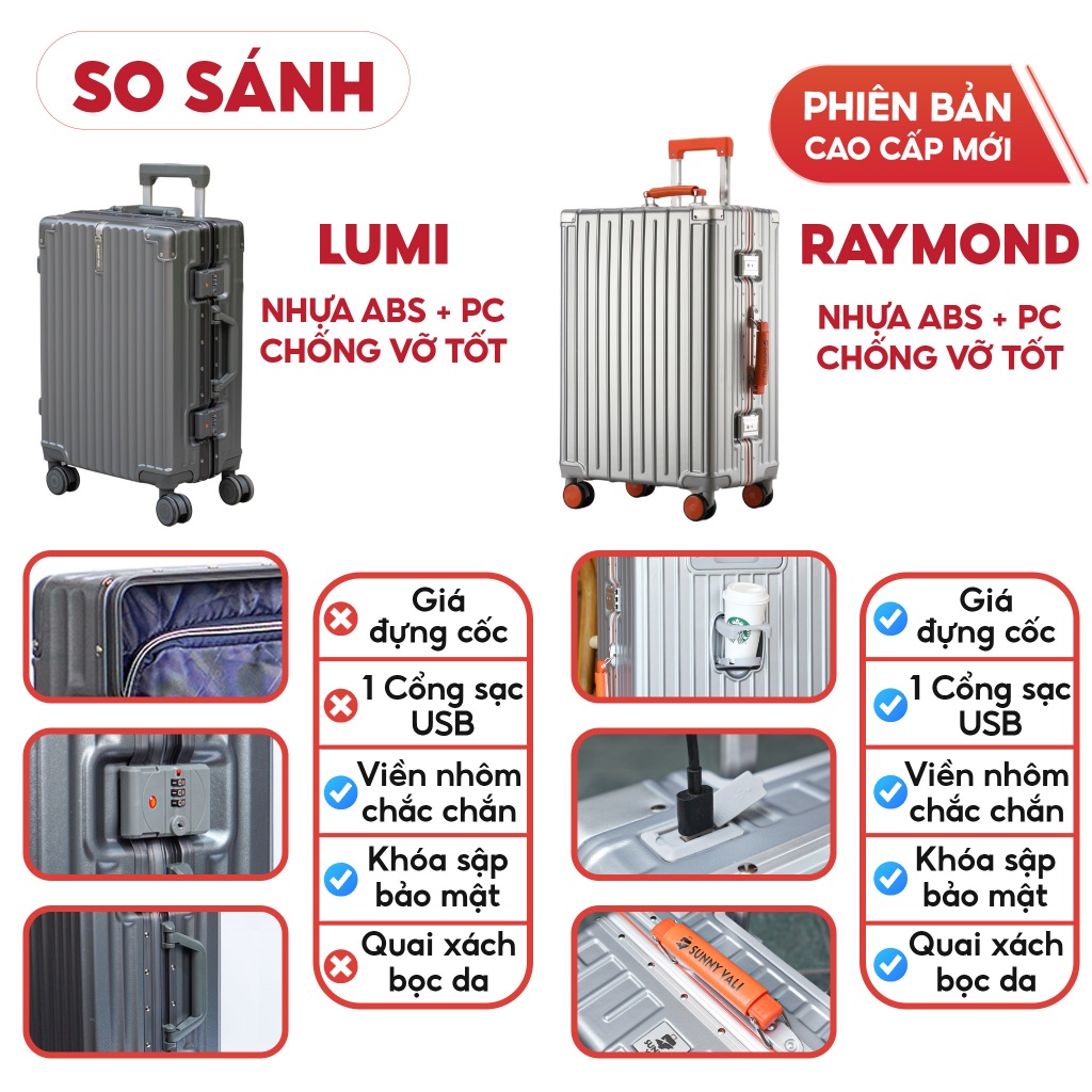 Ảnh Vali du lịch SUNNY LUMI LM01/RAYMOND CAO CẤP- Vali nhựa PC + ABS khung nhôm xách tay, kí gửi 20/24/28 inch 3