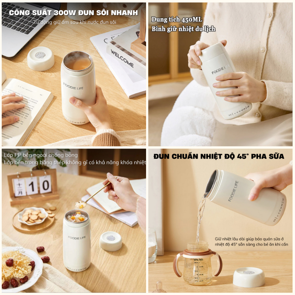 Bình đun nước siêu tốc mini du lịch 450ml giữ ấm đun sôi, pha sữa pha trà 4 mức nhiệt tùy chỉnh
