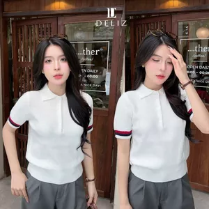 Áo len mỏng dáng thom cổ polo cộc tay basic màu xanh chất len lông thỏ mềm PL10
