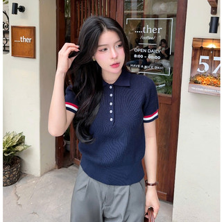 [DELIZ] Áo len mỏng dáng thom cổ polo cộc tay basic màu xanh chất len lông thỏ mềm PL10