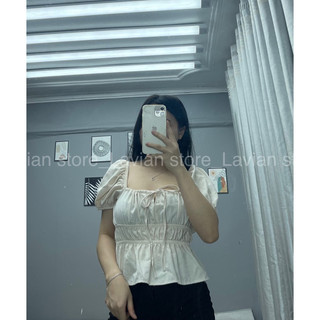 Áo babydoll dúm eo mặc trễ vai hoặc trên vai cổ buộc nơ, áo tiểu thư tay xinh LAVIAN A12
