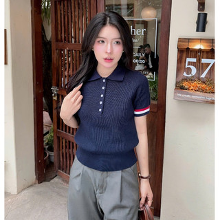 [DELIZ] Áo len mỏng dáng thom cổ polo cộc tay basic màu xanh chất len lông thỏ mềm PL10