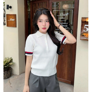 [DELIZ] Áo len mỏng dáng thom cổ polo cộc tay basic màu xanh chất len lông thỏ mềm PL10