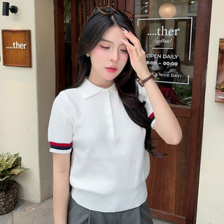 [DELIZ] Áo len mỏng dáng thom cổ polo cộc tay basic màu xanh chất len lông thỏ mềm PL10
