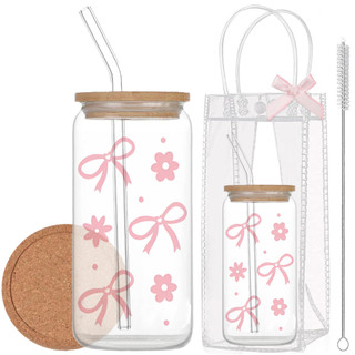 Cốc Thủy Tinh Nơ Hoa 500ml, Ly Thủy Tinh Nắp Tre 16Oz Chịu Nhiệt Kèm Phụ Kiện, Quà Tặng Sinh Nhật