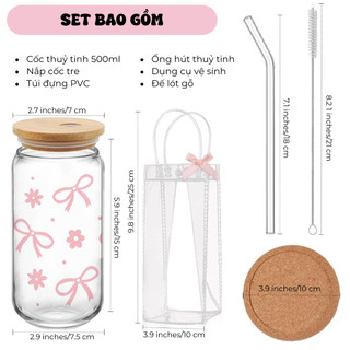 Cốc Thủy Tinh Nơ Hoa 500ml, Ly Thủy Tinh Nắp Tre 16Oz Chịu Nhiệt Kèm Phụ Kiện, Quà Tặng Sinh Nhật