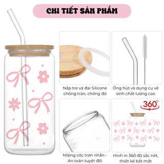 Cốc Thủy Tinh Nơ Hoa 500ml, Ly Thủy Tinh Nắp Tre 16Oz Chịu Nhiệt Kèm Phụ Kiện, Quà Tặng Sinh Nhật