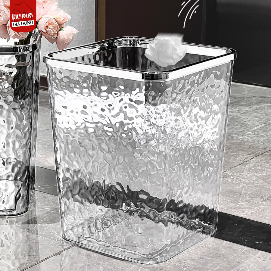 Thùng Đựng Rác Nhựa Trong Suốt Vân Kim Cương Dáng Vuông, Xô Cắm Hoa Trong Suốt Pha Lê