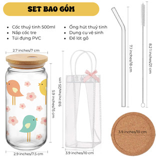 Cốc Thủy Tinh Chim Cute 500ml, Ly Thủy Tinh Nắp Tre 16Oz Chịu Nhiệt Kèm Phụ Kiện, Quà Tặng Sinh Nhật