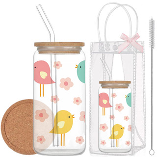 Cốc Thủy Tinh Chim Cute 500ml, Ly Thủy Tinh Nắp Tre 16Oz Chịu Nhiệt Kèm Phụ Kiện, Quà Tặng Sinh Nhật