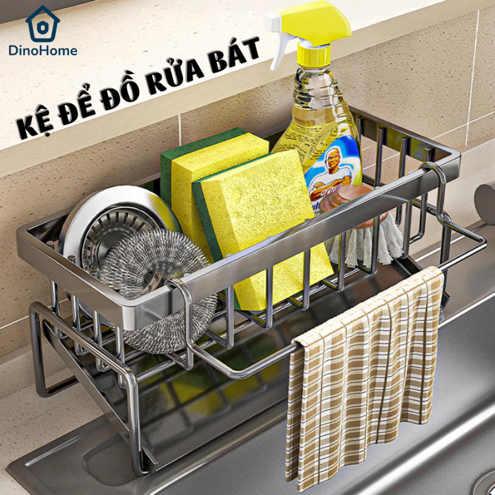 Kệ để đồ rửa chén bát, Giá đựng đồ rửa bát chất liệu thép không gỉ tích hợp giá treo khăn tiện lợi kèm móc
