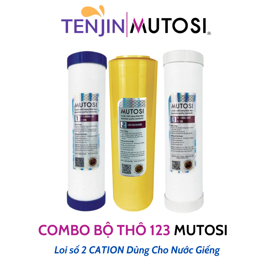 Combo Thô Mutosi Cation Dùng Cho Nước Đầu Nguồn Nhiễm Đá Vôi Và Nước Giếng Dạng Cốc Lọc 10inch