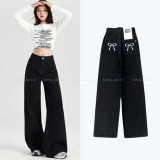Quần Dài Jeans Nữ Thêu Nơ Xanh Mint Lưng Cạp Cao Ống Rộng Dáng Suông Chất Vải Denim Bò Jean WQJ040