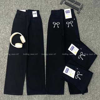 Quần Dài Jeans Nữ Thêu Nơ Xanh Mint Lưng Cạp Cao Ống Rộng Dáng Suông Chất Vải Denim Bò Jean WQJ040