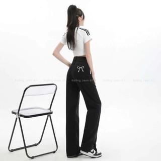 Quần Dài Jeans Nữ Thêu Nơ Xanh Mint Lưng Cạp Cao Ống Rộng Dáng Suông Chất Vải Denim Bò Jean WQJ040