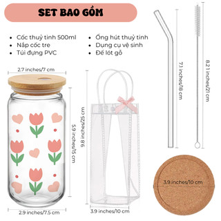 Cốc Thủy Tinh Hoa Tulip 500ml, Ly Thủy Tinh Nắp Tre 16Oz Chịu Nhiệt Kèm Phụ Kiện, Quà Tặng Sinh Nhật