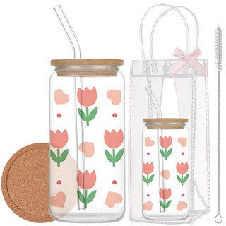 Cốc Thủy Tinh Hoa Tulip 500ml, Ly Thủy Tinh Nắp Tre 16Oz Chịu Nhiệt Kèm Phụ Kiện, Quà Tặng Sinh Nhật