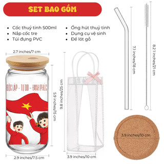 Cốc Thủy Tinh Việt Nam 500ml, Ly Thủy Tinh Nắp Tre 16Oz Chịu Nhiệt Kèm Phụ Kiện, Quà Tặng Sinh Nhật