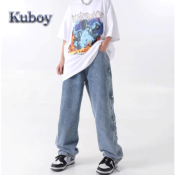 Quần bò ống rộng nam quần nam ống suông quần jean nam 4 cúc xanh nhạt quần cúc bấm 2 bên quần jeans Tính Cách Thích Hợp