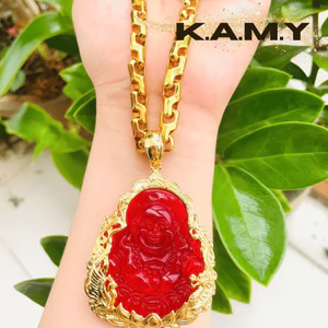 Mặt Dây Chuyền Hình Phật Di Lặc Cười Đá Đỏ Viền Rồng May Mắn - Trang Sức KAMY