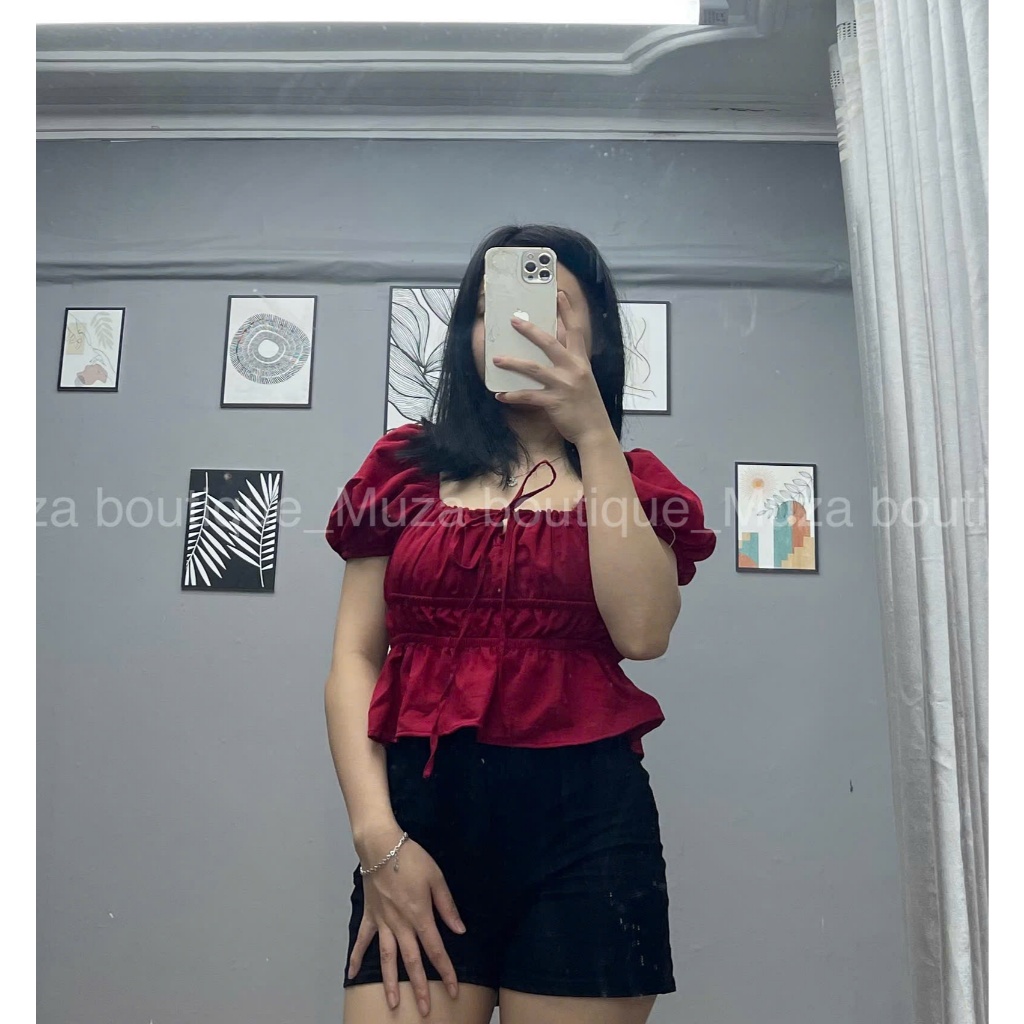 Áo babydoll dúm eo mặc trễ vai hoặc trên vai cổ buộc nơ, áo tiểu thư tay xinh MUZA  A17