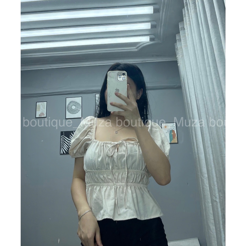Áo babydoll dúm eo mặc trễ vai hoặc trên vai cổ buộc nơ, áo tiểu thư tay xinh MUZA  A17