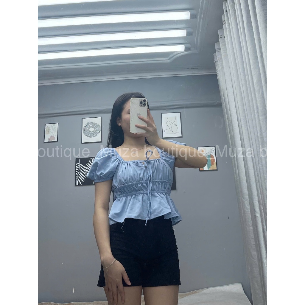 Áo babydoll dúm eo mặc trễ vai hoặc trên vai cổ buộc nơ, áo tiểu thư tay xinh MUZA  A17