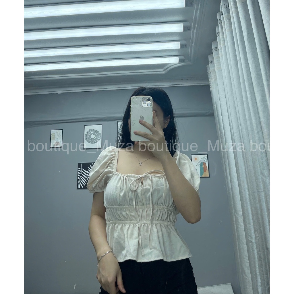 Áo babydoll dúm eo mặc trễ vai hoặc trên vai cổ buộc nơ, áo tiểu thư tay xinh MUZA  A17