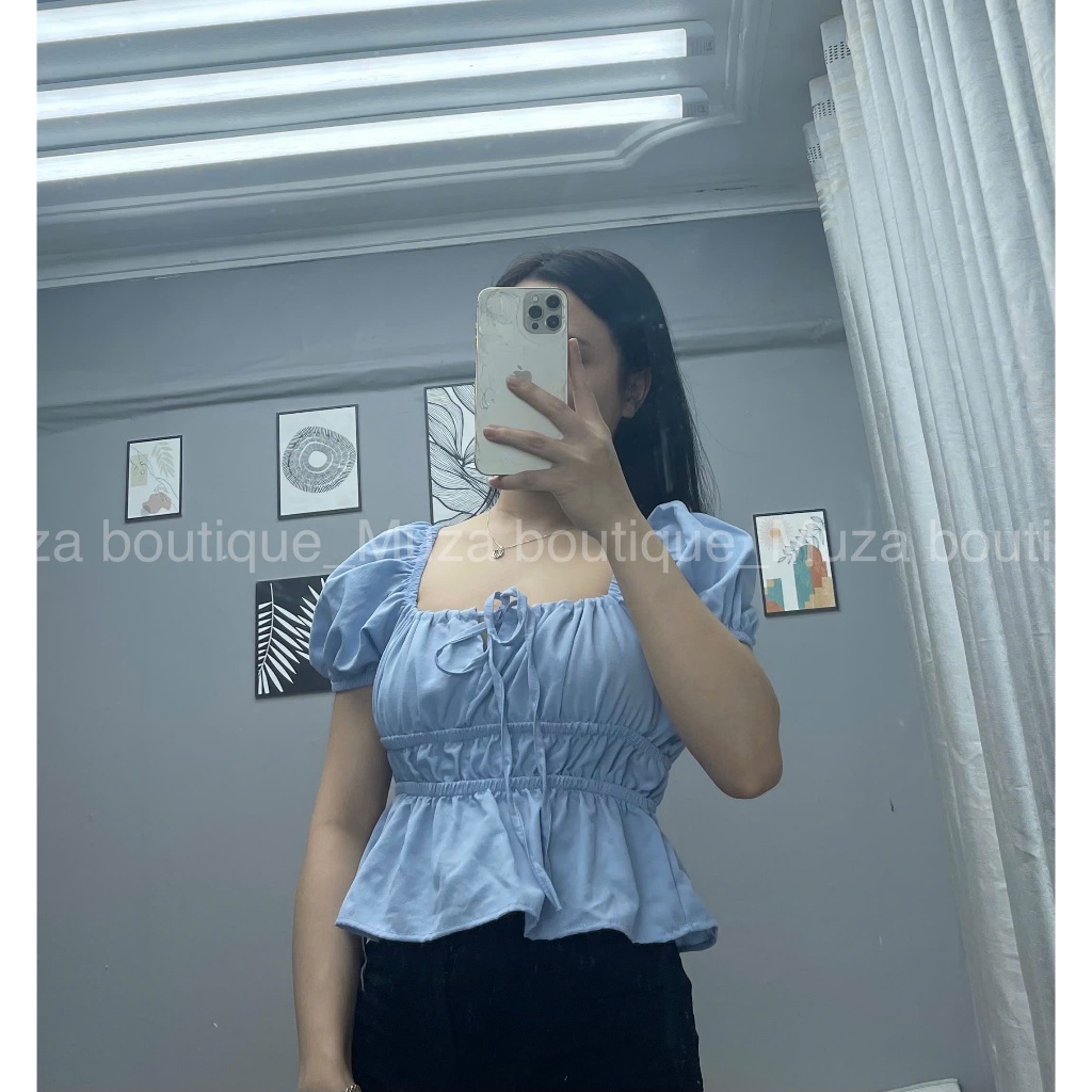Áo babydoll dúm eo mặc trễ vai hoặc trên vai cổ buộc nơ, áo tiểu thư tay xinh MUZA  A17