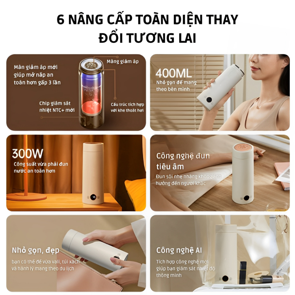 Bình đun nước siêu tốc mini du lịch bình nước đa năng giữ nhiệt 330ml 500ml tự ngắt khi sôi, bảo hành 6 tháng