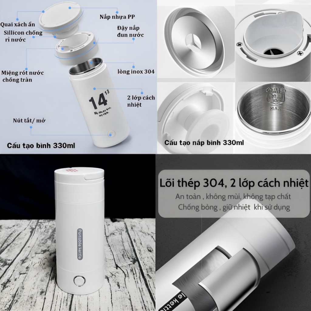 Bình đun nước siêu tốc mini du lịch bình nước đa năng giữ nhiệt 330ml 500ml tự ngắt khi sôi, bảo hành 6 tháng