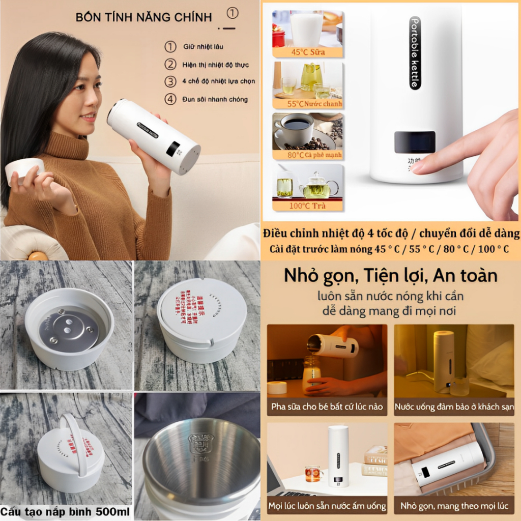 Bình đun nước siêu tốc mini du lịch bình nước đa năng giữ nhiệt 330ml 500ml tự ngắt khi sôi, bảo hành 6 tháng