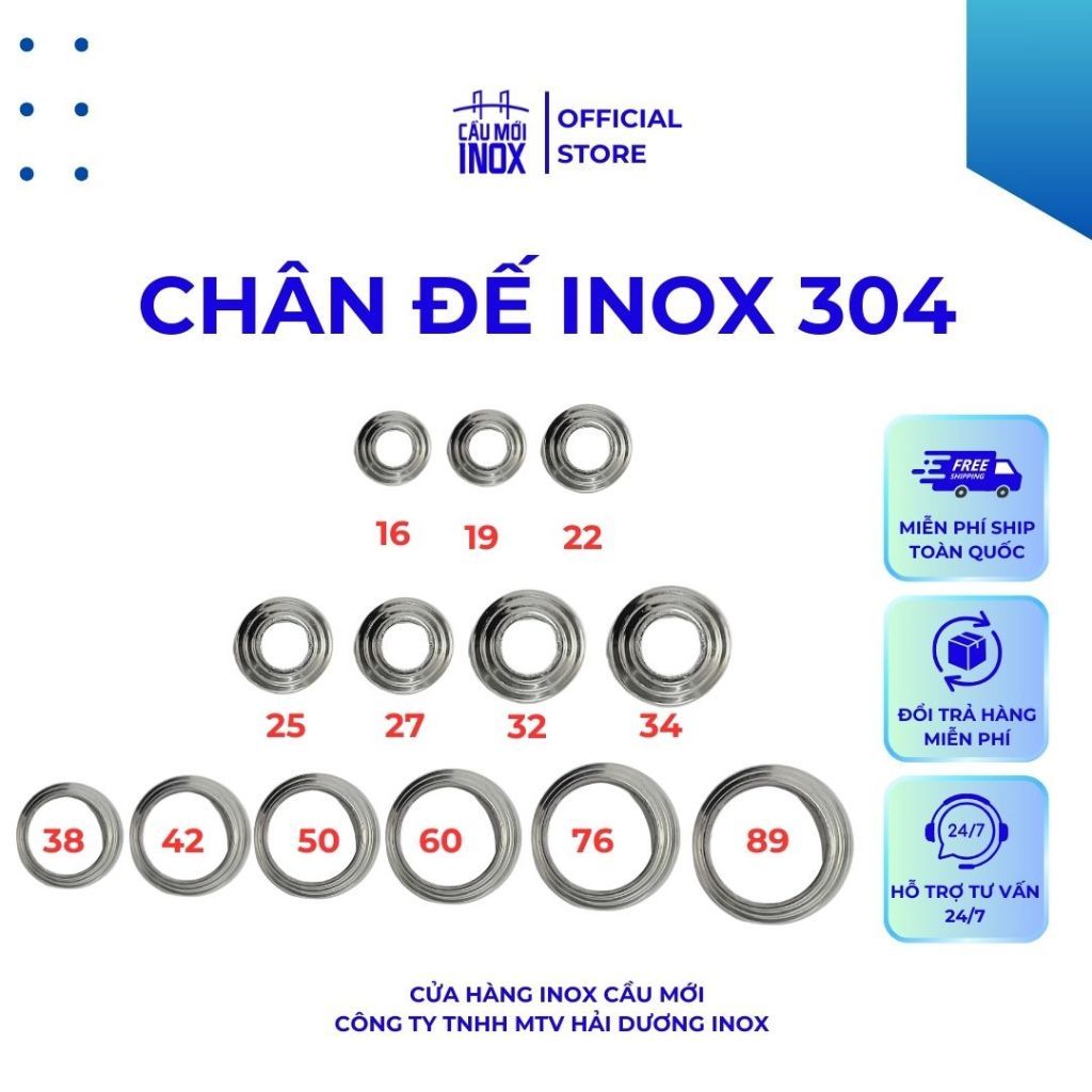 Chân đế inox tròn 304, kích thước D16-D19-D22-D25-D32-D38-D42-D51-D60-D76-D89 chất lượng cao