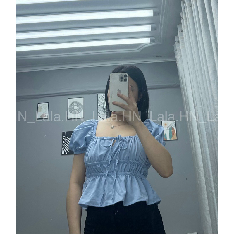 Áo babydoll dúm eo mặc trễ vai hoặc trên vai cổ buộc nơ, áo tiểu thư tay xinh LALASTORE A12