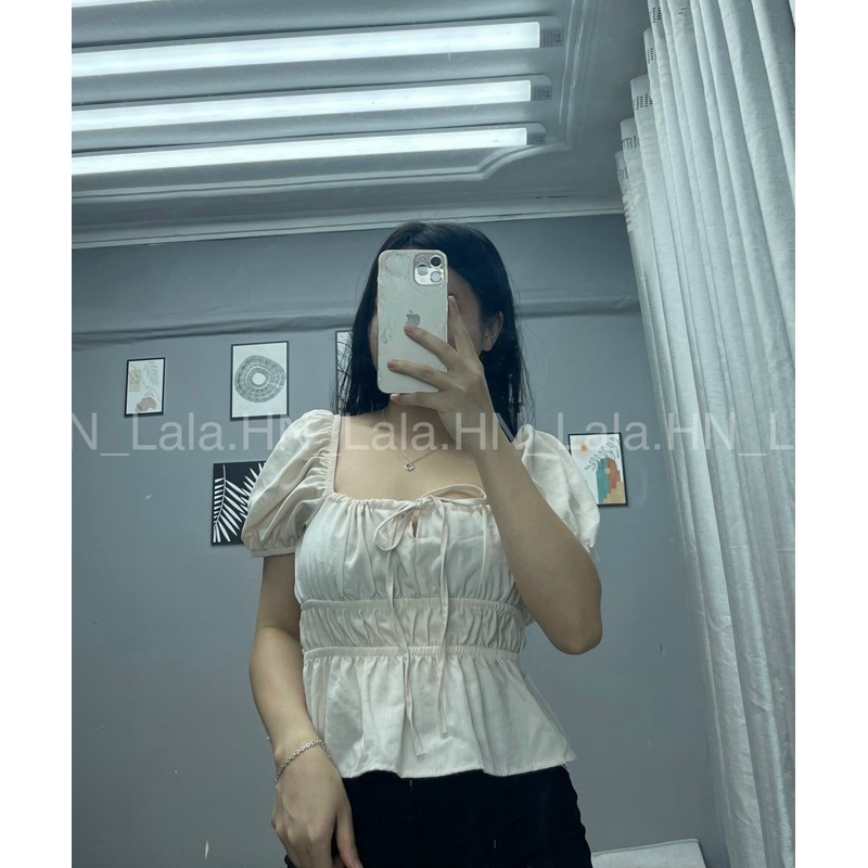 Áo babydoll dúm eo mặc trễ vai hoặc trên vai cổ buộc nơ, áo tiểu thư tay xinh LALASTORE A12