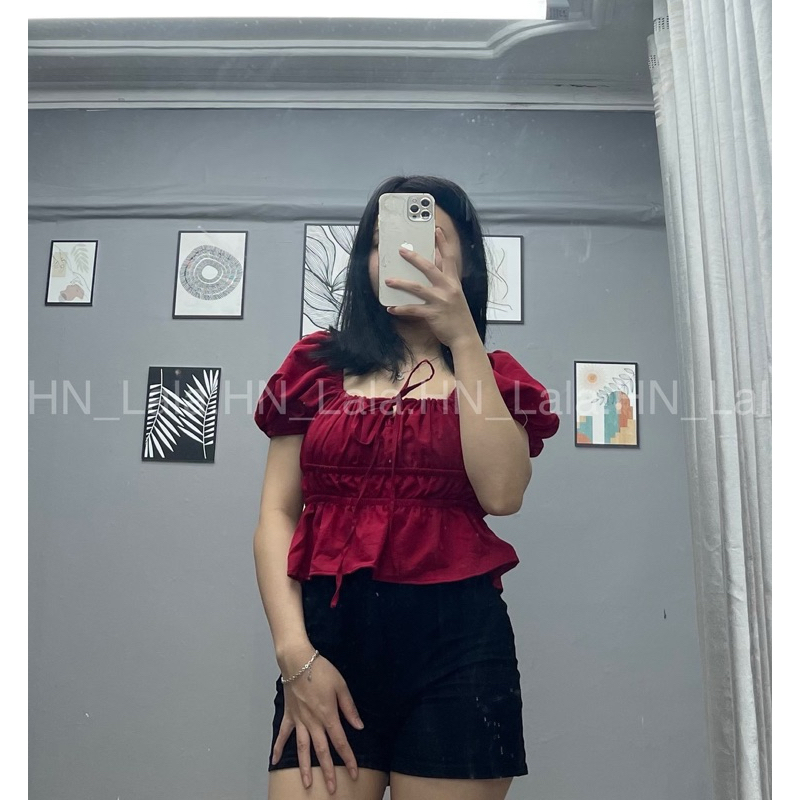 Áo babydoll dúm eo mặc trễ vai hoặc trên vai cổ buộc nơ, áo tiểu thư tay xinh LALASTORE A12