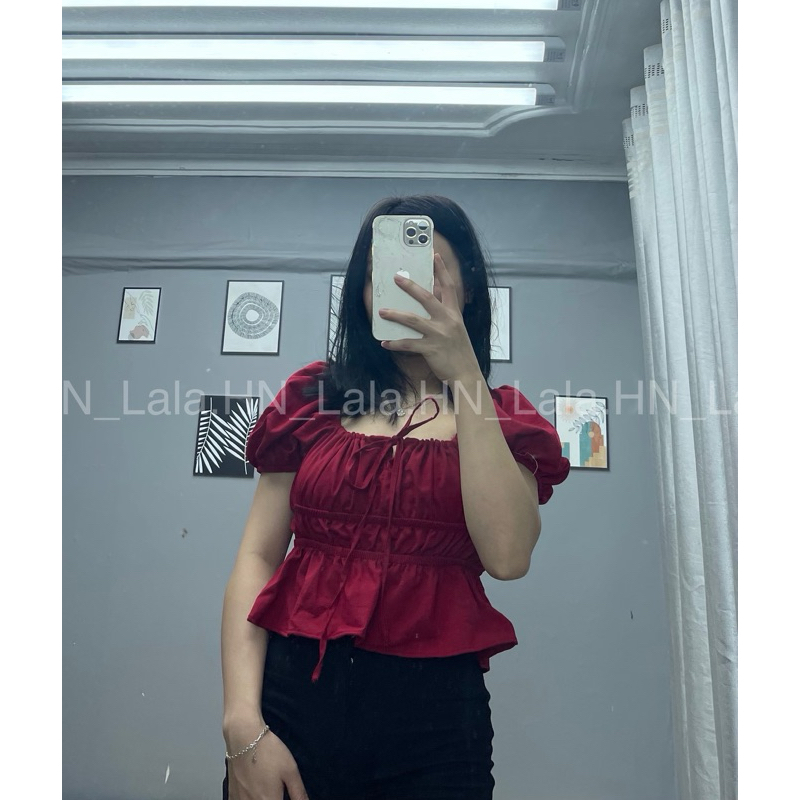 Áo babydoll dúm eo mặc trễ vai hoặc trên vai cổ buộc nơ, áo tiểu thư tay xinh LALASTORE A12
