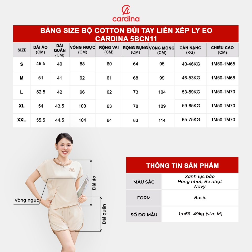 Ảnh Đồ bộ nữ CARDINA chất liệu cotton tay liền xếp ly eo trẻ trung năng động 5BCN11 2