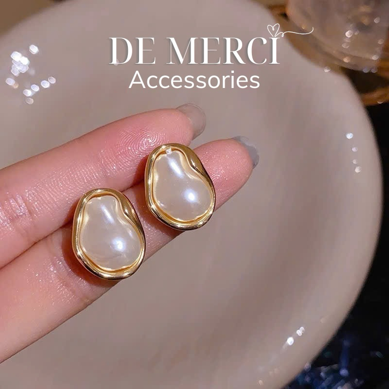 Bông tai De Merci Accessoies Kim Loại Không Đều Ngọc Trai Thanh Lịch Màu Bạc Hình Học Cá Tính Bông Tai Trang Sức