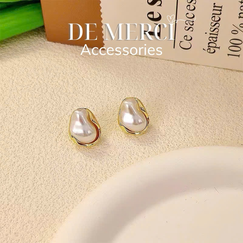 Bông tai De Merci Accessoies Kim Loại Không Đều Ngọc Trai Thanh Lịch Màu Bạc Hình Học Cá Tính Bông Tai Trang Sức