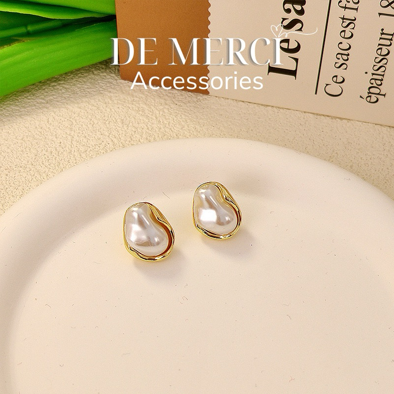 Bông tai De Merci Accessoies Kim Loại Không Đều Ngọc Trai Thanh Lịch Màu Bạc Hình Học Cá Tính Bông Tai Trang Sức