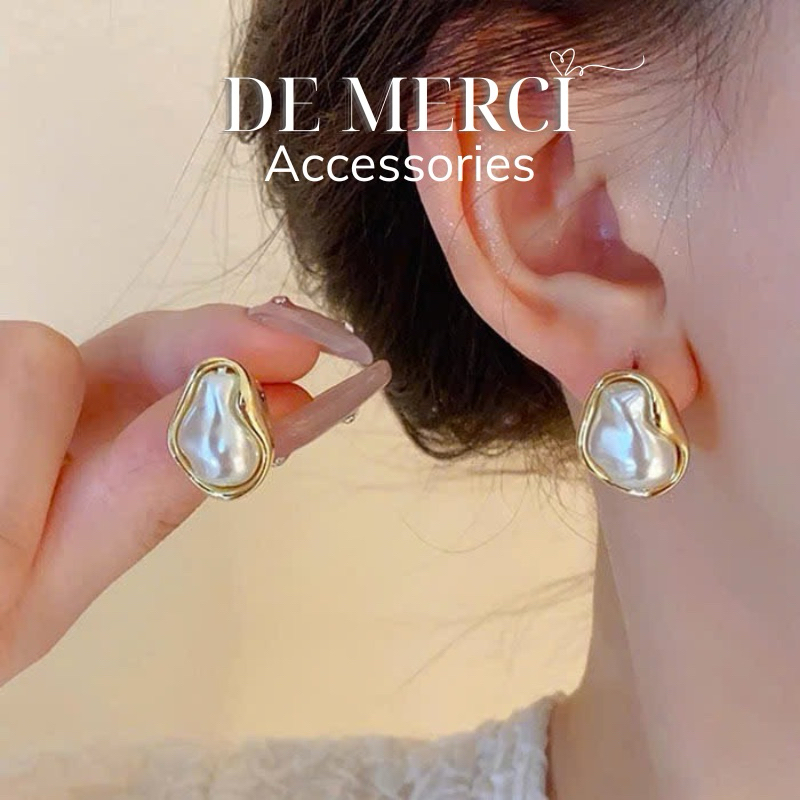 Bông tai De Merci Accessoies Kim Loại Không Đều Ngọc Trai Thanh Lịch Màu Bạc Hình Học Cá Tính Bông Tai Trang Sức