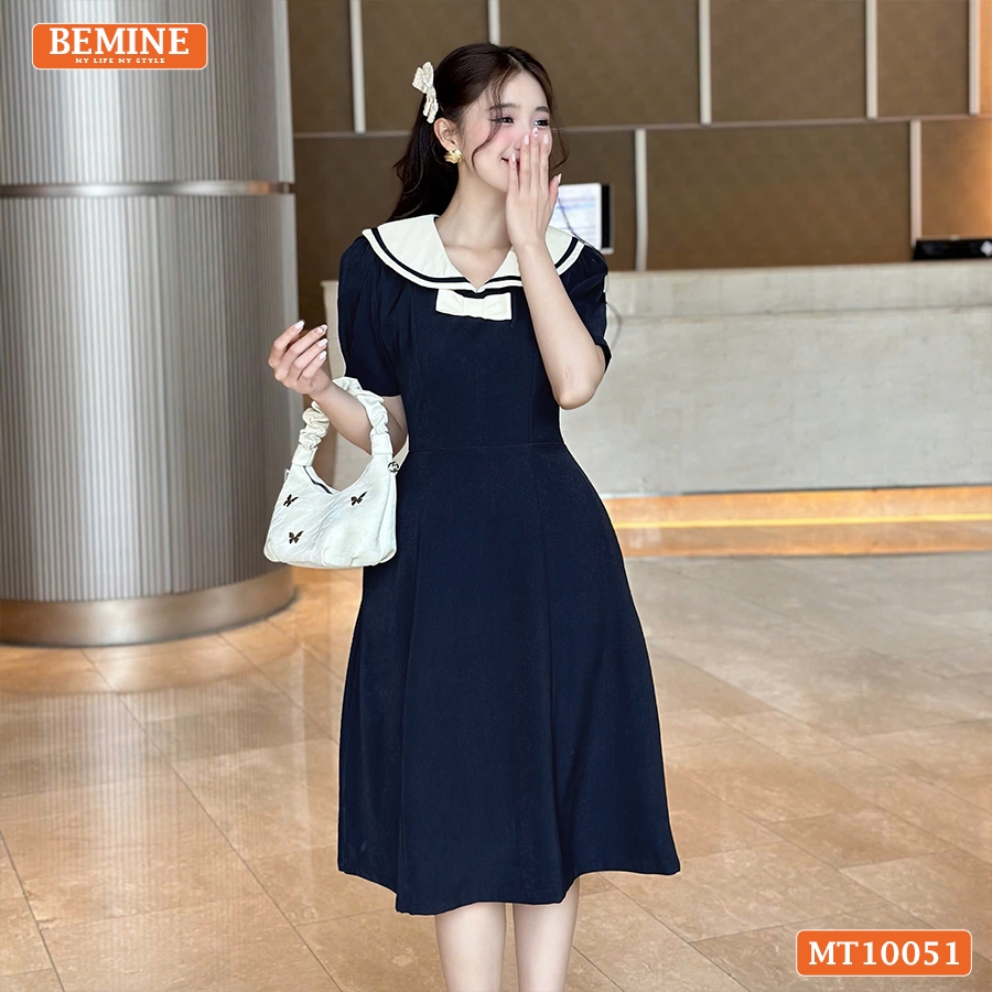 Ảnh Đầm thiết kế BEMINE cổ thủy thủ có viền đính nơ dáng chữ A phù hợp đi làm, đi chơi-MT10051 2