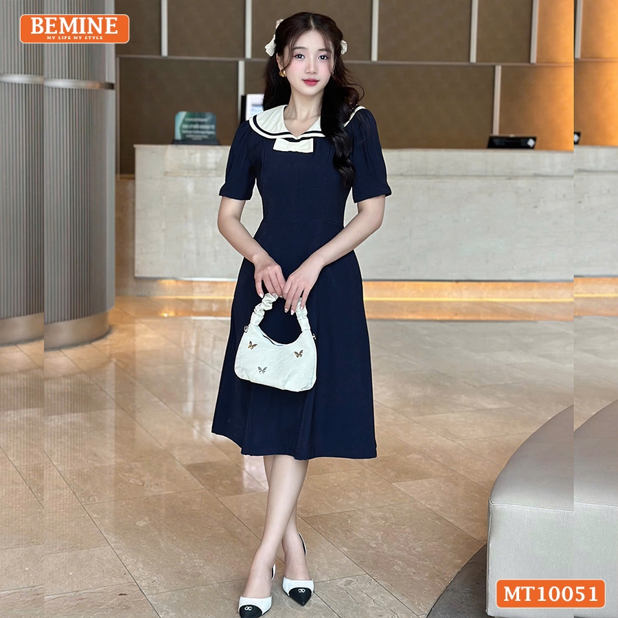 Ảnh Đầm thiết kế BEMINE cổ thủy thủ có viền đính nơ dáng chữ A phù hợp đi làm, đi chơi-MT10051 3