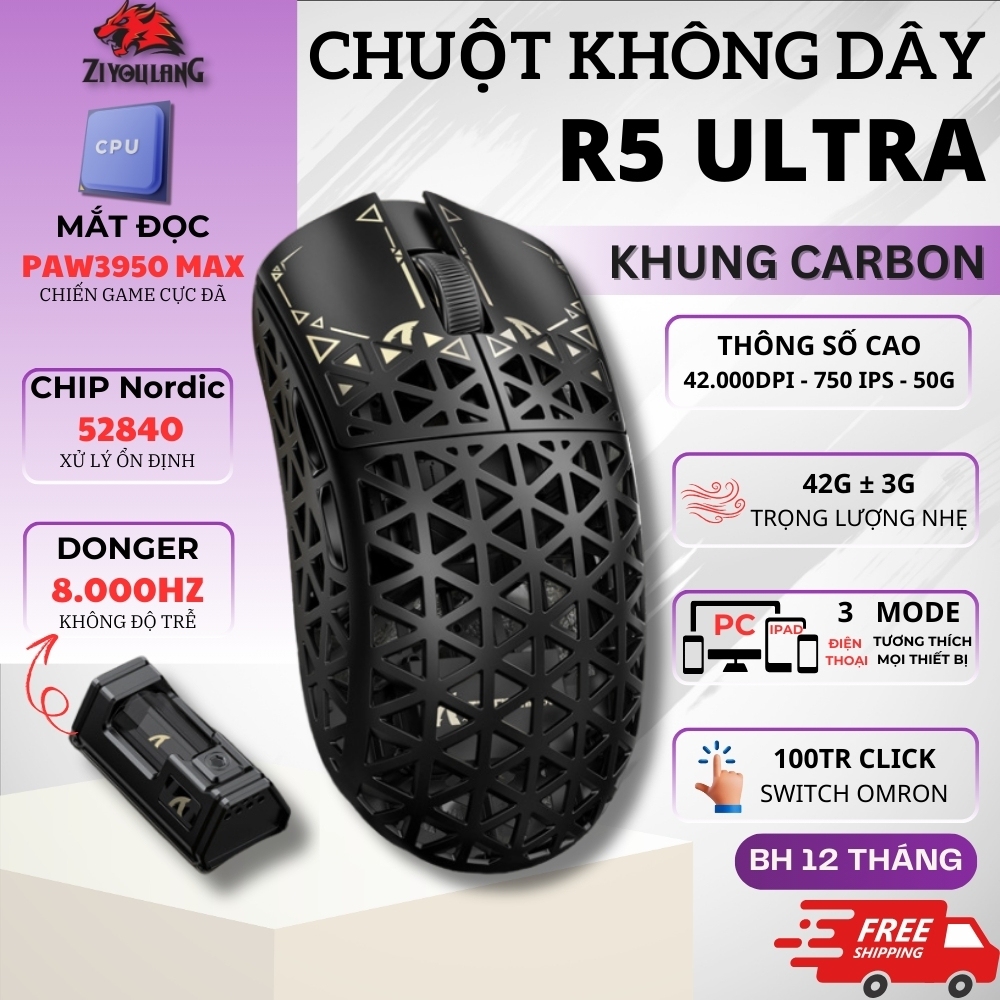 Chuột Gaming Attack Shark R5 Ultra - Siêu Nhẹ 42G, Tốc Độ Polling 8KHz ...