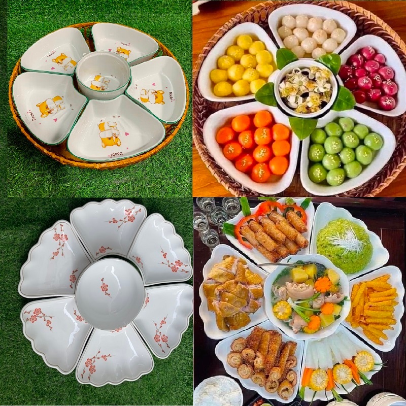 Set đĩa mặt trời - Bộ đĩa sứ và tô sứ cao cấp họa tiết hoa đào sang trọng hàng chuẩn Bát Tràng