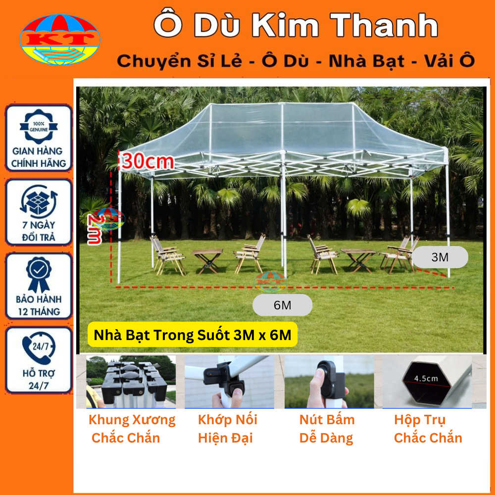 Nhà Bạt Di Động Gấp Gọn Trong Suốt 3M x 6M Có Rèm Che Xung Quanh, Thiết Kế Cửa Kéo Khoá Ra Vào