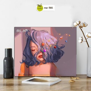 Tranh tô màu theo số hóa Madoca có khung 40x50cm Cô Gái tóc ngắn mộng mơ T581