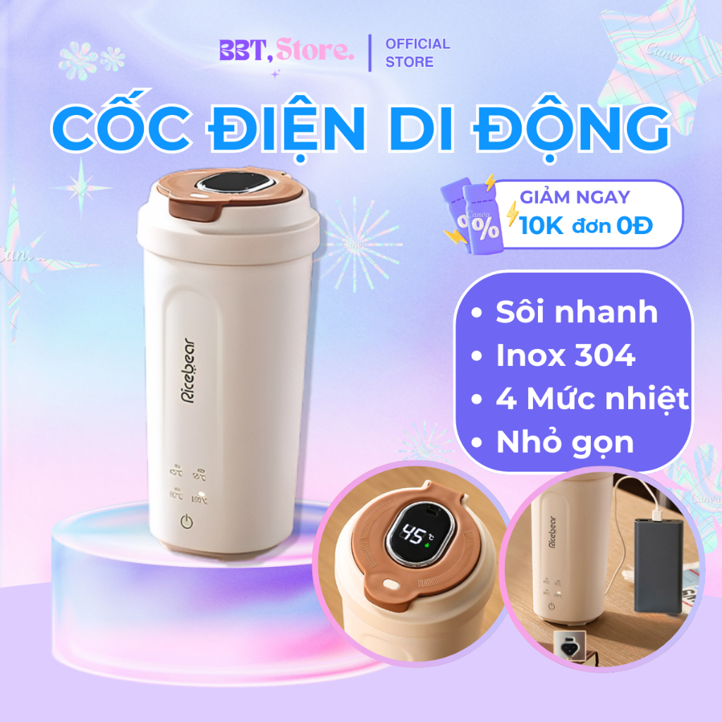 Bình đun nước Cổng Type C, Siêu tốc mini Hiển thị nhiệt độ 450ml Tự ngắt khi sôi, kèm túi đựng du lịch nhỏ gọn tiện lợi