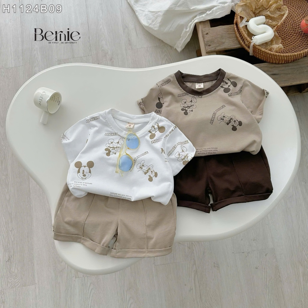 Bộ cotton in tràn micky, bộ thun cổ tròn cotton mềm mát cộc tay cho bé trai H1124B09